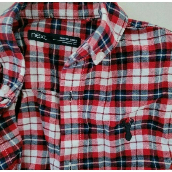 Next Organic Button Up Red & Navy Plaid - Boys 7 YRS - Picture 3 of 4